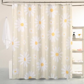 QJHOMO Beige Floral Shower Curtain Set Cute Daisy Cream Bathroom Curtain, Washable Waterproof Fabric Modern Farmhouse Shower Curtain with 12 Hooks, Colorful Flower Shower Curtains 72x72 inch