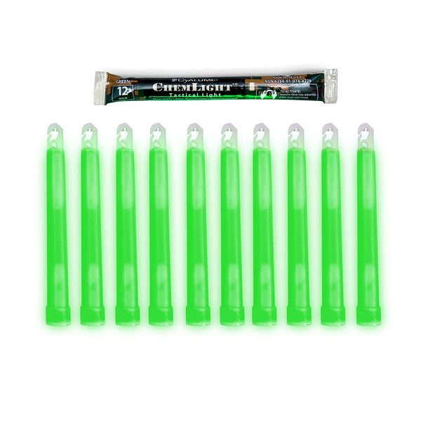 Cyalume Military Grade Green Glow Sticks - Premium Bright 6” ChemLight Emergency Glow Sticks with 8 Hour Duration (Bulk Pack of 10 Chem Lights)
