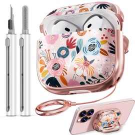 with Safety Lock for AirPods 4 Case 2024,Floral Cute AirPod 4th Generation Case for Women Girly with Cleaner Kit and Keychain- Pink Flower
