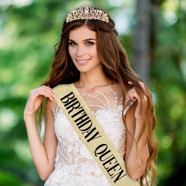 Birthday Sash and Crown for Women, Gold Crystal Princess Tiaras Rhinestone Queen Headband Wedding Bridal Hair Accessories, Birthday Prom Pageant Party Coming of Age Ceremony Photo Props
