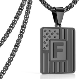 Aospkle Initial Letter American Flag Dog Tag Necklace for Men, Black Stainless Steel Pendent Chain A-Z Jewelry Gifts for Dad Husband Brother Boyfriend Son GrandpaF
