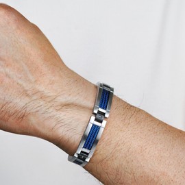 Metro Jewelry Link Bracelet for Men in Black Ion Plated Stainless Steel with Blue Cable Details and Black Diamonds - 8.75 Inches Long 12 mm Wide with Fold Over Clasp