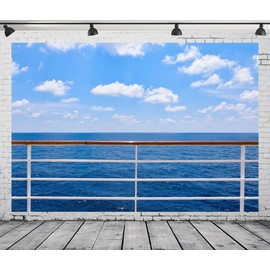 CORFOTO 9x6ft Ocean Cruise Photo Backdrop Blue Sky Travel Themed Photography Background Summer Sea Cruise Ship Railing Picture Nautical Theme Party Decorations Supplies Photo Studio Props Fabric