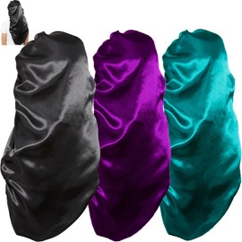 Soft Elastic Band Satin Bonnets for Women, 3 Pcs Silky Head Scarf Hair Wrap for Sleeping Curly Natural Long Hair by Wbfwbb (3 Pcs-Black+Purple+Teal)