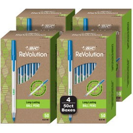 BIC ReVolution Round Stic Ball Pen, 74% Recycled Plastic Pen, Blue, Medium Point (1.0 mm), 100% Recycled Packaging, 200 Count Pack