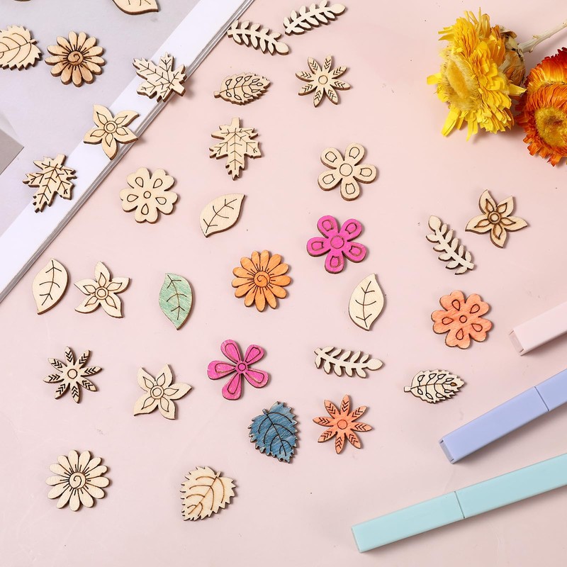 100 Pcs Unfinished Wood Flowers Wood Slice, Flower Leaf Embellishments