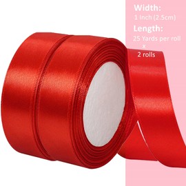 Red Satin Ribbon 1 Inch x 50 Yards, Silk Red Christmas Ribbon for Gift Wrapping, Flower Bouquet Accessories, Crafts, Wreaths, Mothers Day Ribbon and Wedding Party Decor (25 Yards/roll x 2 Rolls)