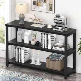 EXCEFUR Industrial Entryway Table, 3 Tier Console Table for Living Room, Wood Sofa Table for Hallway Behind Couch (47 Inch, Modern Black)