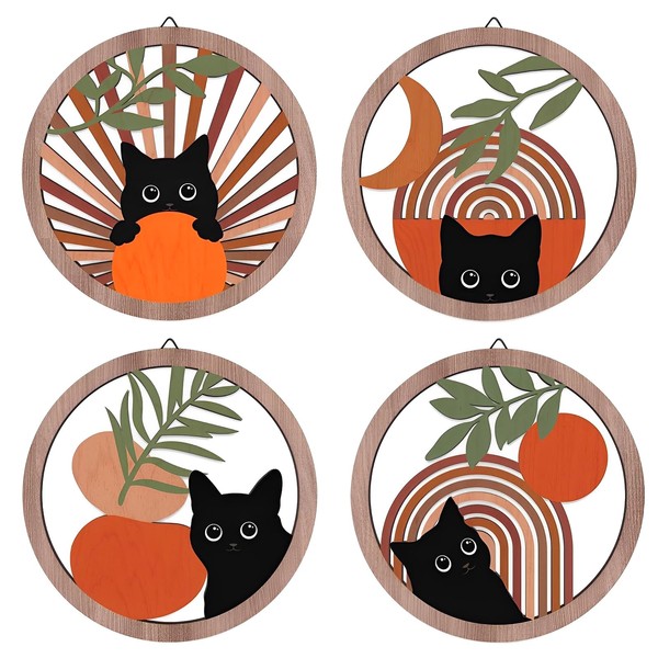 BTBHIHO 4PCS Boho Black Cat Wall Decor, 9.84''x9.84'' Wooden Hanging