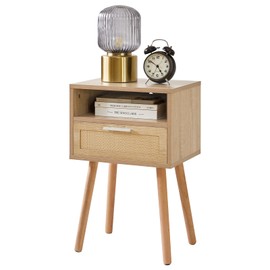 IBUYKE Rattan Nightstand, Boho Side Table with Drawer Open Shelf, Wood Accent Bedside Table, End Table with Legs for Bedroom, Living Room and Small Spaces,Natural UWNS009N