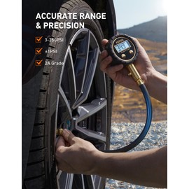 AstroAI Tire Pressure Gauge for Cars with Backlit LED, Solid Brass with Rubber Hose, Air Bleeder Valve, ANSI B40.7 Grade 2A(±0.5%), 3-250PSI