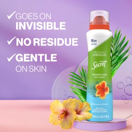 Secret Dry Spray Antiperspirant Deodorant for Women, 48hr Weightless Sweat & Odor Protection, Gentle on Skin, Tropical Hibiscus Scent, 4.1 oz (Pack of 3)