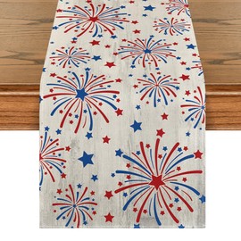 Artoid Mode Silver Fireworks Patriotic 4th of July Table Runner, Seasonal Kitchen Dining Table Decoration for Home Party Decor 13x72 Inch