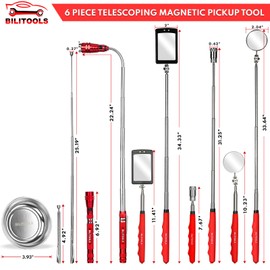 BILITOOLS Premium 6 Piece Extendable Magnetic Pickup Tool set, Telescoping Mechanic tool set with Magnetic Rods, Flashlight, Inspection Mirrors & Magnetic Tray. Gift for men dad husband &brother.