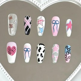 Summer Press on Nails Medium Coffin Star Bow False Nails With 3D Rhinestones Glossy Heart Glue on Nails Full Cover Acrylic Nails for Women Spring Summer Nail Art Supplies