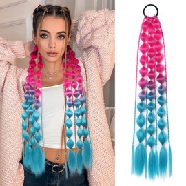 Colored Hair Extensions, Behufun 20" Lightweight Colored Hair Extensions for Kids Bubble Ponytail Extension with Hair Tie, Ombre Crazy Hair Day Accessories for Girls for EDC Festival Rave B41