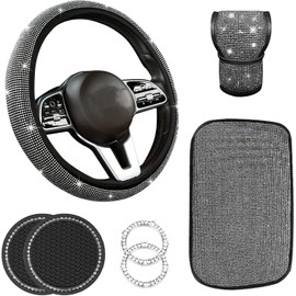 7-teiliges glitzerndes Lenkradbezug-Set, Diamant-Lenkradbezug, Kristall, weicher rutschfester Lenkradschutz für Damen und Mädchen, universelles glitzerndes Autozubehör, passend für 37–38 cm große