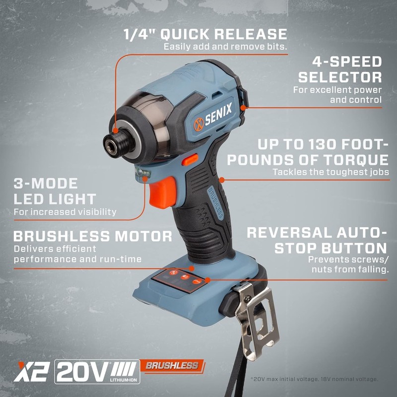 SENIX X2 20 Volt Max* 1/4-Inch Cordless Impact Driver, 4-Speed