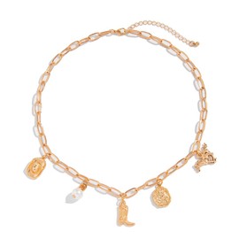 Cowboy Boots Hat Charm Necklace for Women Men Retro Western Style Cowgirl Irregular Pearl Coin Horse Dainty Boho Pendant Paperclip Chain Choker Vintage Country Rodeo Outfit Fashion Jewelry Gifts, one