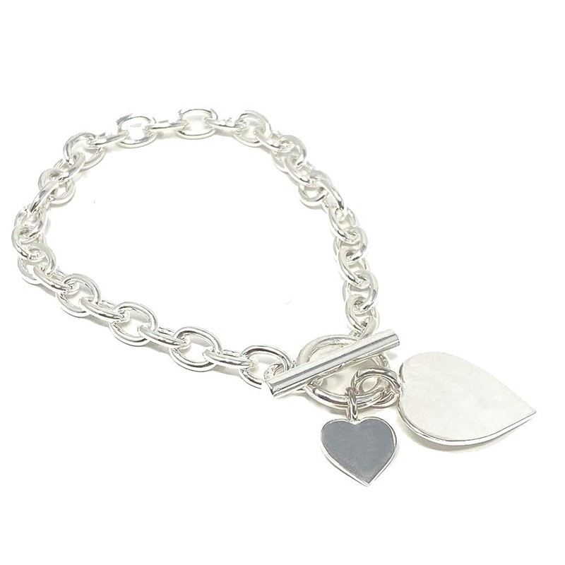 Sterling Silver Bracelet with Double Heart Tag with Bars and