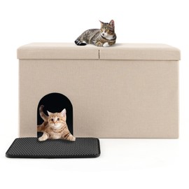 PETSITE Cat Hidden Litter Box Enclosure, Cat Washroom Storage Bench with Urine Proof Litter Mat and Smell Control Carbon Filter, Dog Proof & Waterproof Cat Litter Box Furniture (Beige)