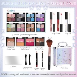 Beginner Makeup Set for Teen Girl Women, Makeup Present for Her, Makeup Kit with Cosmetic Train Case Contained Eyeshadow Blush Lip Gloss and Oil Lip Liner Eyeliner Brushes Mirror (Purple)