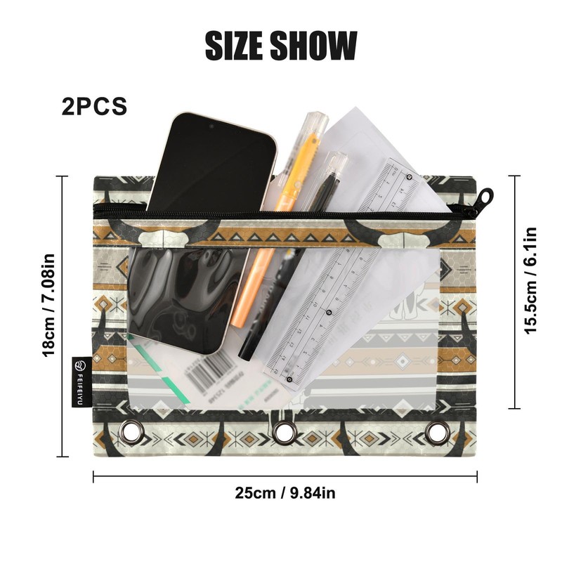 Fisyme Western Boho Bull Skulls Pencil Pouch for 3 Ring