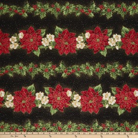 Timeless Treasures Metallic Christmas Joy Poinsettias & Holly Border Stripe Black, Fabric by The Yard