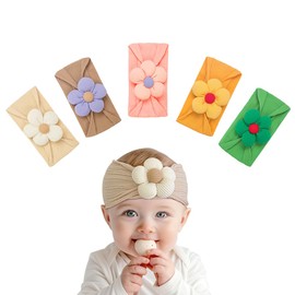5 Pcs Baby Flower Headbands Nylon Baby Girl Headbands Soft Hairbands Hair Accessories for Newborn Infant Toddler Kids Baby Essentials(Beige Pink Khaki Yellow Green)