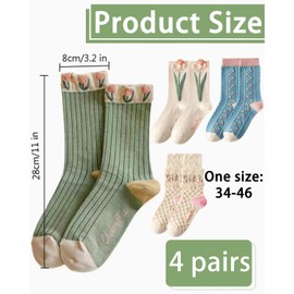 IPNSDON 4 pairs of women's socks,ruffled women's vintage floral pattern cotton crew neck socks, vintage embroidered flowers, embroidered casual, perfect for daily casual matching birthday gift