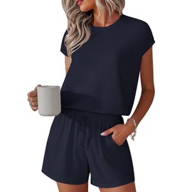 Yommay Women's Pajama Sets Short Sleeve Crew Neck Top with Short Leg Ladies Pyjamas Bottoms Summer Comfy Sleepwear Loungewear,Navy Blue,S