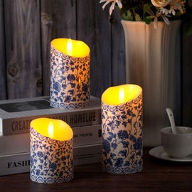 Tujoe 3 Pcs Chinoiserie Flameless Candles Blue and White Battery Operated Candles Blue White Floral Printed Faux Candles with Remote Timer for Wedding Garden Festive Home Party Decoration