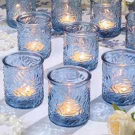 HAVITI 24 pcs Blue Votive Candle Holders, Tea Light Candle Holder for Wedding Centerpieces, Glass Candle Holders for Baby Shower Home Bridal Decoration Table Decor
