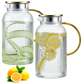 2 PACK Glass Pitcher with Lid and Handle,68 oz/ 2 Liter Vertical Stripes Water Pitcher,Glass Water Carafe for Fridge,Hand Blown Heat Resistant Borosilicate Water Jug for Hot/Cold Drinks,Gifts for Mom