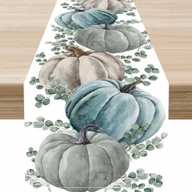 Blue Fall Table Runner,Watercolor Pumpkin Thanksgiving Autumn Harvest Farmhouse Table Runners for Kitchen Dining Coffee or Indoor and Outdoor Home Parties Decor,13 x 36 Inches