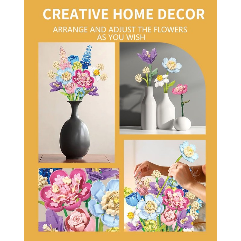 Flower Bouquet Building Blocks Set, Artificial Eternal Flower Plant, Home