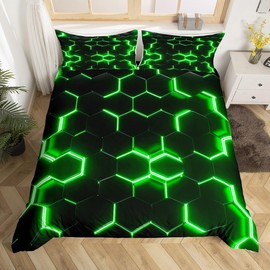 Geometric Bedding Sets Kids Boys Green Black Neon Light Hexagon Duvet Cover Single Size Honeycomb Decor with 1 Pillow Case Comforter Geometry Bedspread Cover
