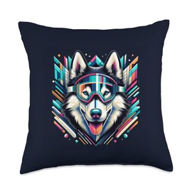 Funny Cool Dogs Wearing Ski Goggles Siberian Husky Dog Wearing Ski Snowboard Goggles Geometric Throw Pillow, 18x18, Multicolor