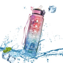 flowgoer Drinking Bottle, Drinking Bottle, 1 Litre with Straw and Motivational Time Marking, Tritan BPA-Free Sports Water Bottle, Carrying Strap, Leak-Proof, Gym or Outdoor (Pink and Blue)