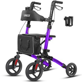 Foldable Rollator Walker with 10” Front Rubber Wheels, All-Terrain Rollator Walker with Seat, Adjustable Backrest and Handles, 350 Lb, Cup Holder, Lightweight 4 Wheel for Seniors Purple