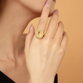 dnswez Gold Rings for Women, Fashion Chunky Signet Statement Rings Gold Plated Band Ring Wide Metal Round Rings Cocktail Costume Jewelry Christmas Gifts for Her (Hollow Round B, 8)