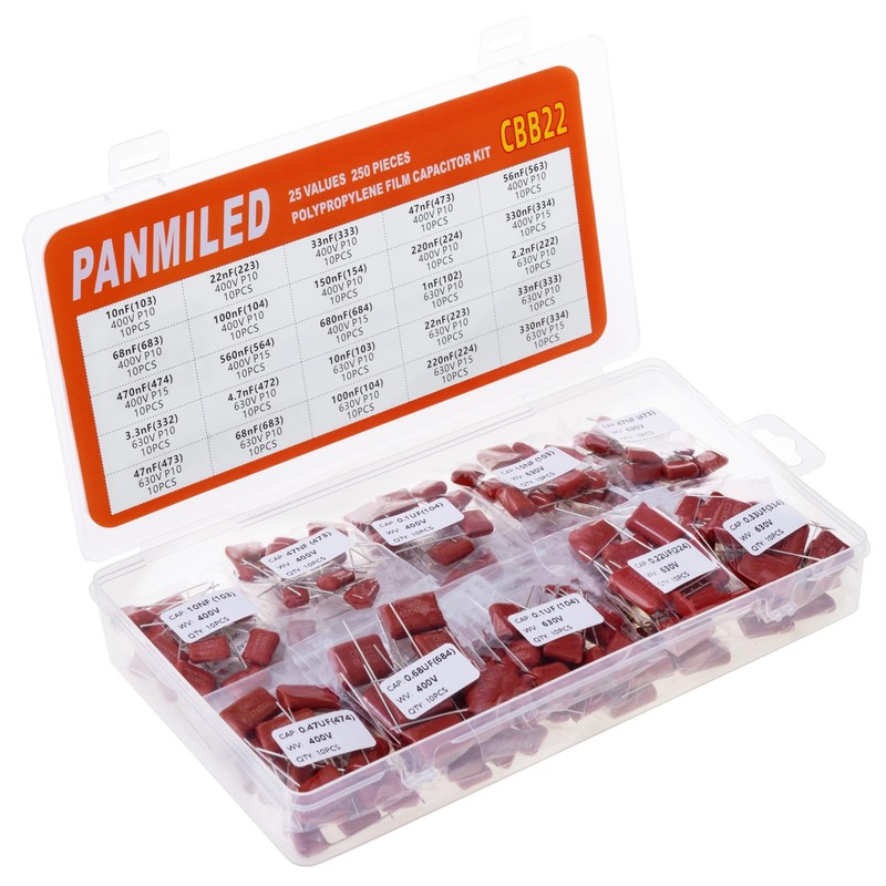 PANMILED 25 Values 250 Pieces CBB22 Polypropylene Film Capacitor Kit