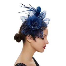 UTTPLL Fascinators for Women Tea Party Headband Kentucky Derby Hats Wedding Cocktail Flower Mesh Feathers Headwear Hair Clip Navy Blue