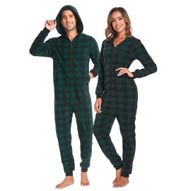 COLORFULLEAF Couples Matching Christmas Pajamas Sets Hooded Fleece Zipper Plaid Pjs Set Union Suits Soft Warm Jumpsuit(Mens, GN, 2XL)