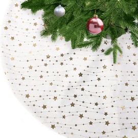 KONVINIT White Christmas Tree Skirt Velvet Xmas Tree Skirt with Golden Star Christmas Tree Mat Blanket Floor Protector Luxury Christmas Tree Decorations