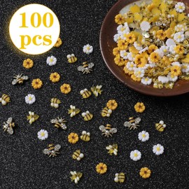 100 Pcs 3D Flower Nail Charms and Bee Nail Charms Set Daisy Y2k Nail Art Charms Cute Nail Decorations for Manicure Design Acrylic Nails Art DIY Manicure Design