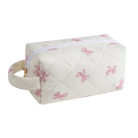 WHHJM Cute Floral Makeup Bag with Handle, Travel Make Up Bag Cosmetic Bag for Women, Zipper Toiletry Pouch Essentials (Pink Small Bowknot)