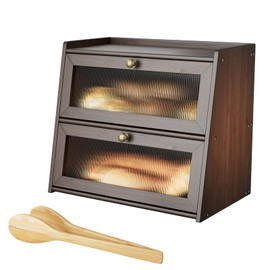 Bread Box for Kitchen Counter Double Layer Bamboo Bread Box Large Bread Box Wooden Bread Storage Box with Acrylic Window (Brown)
