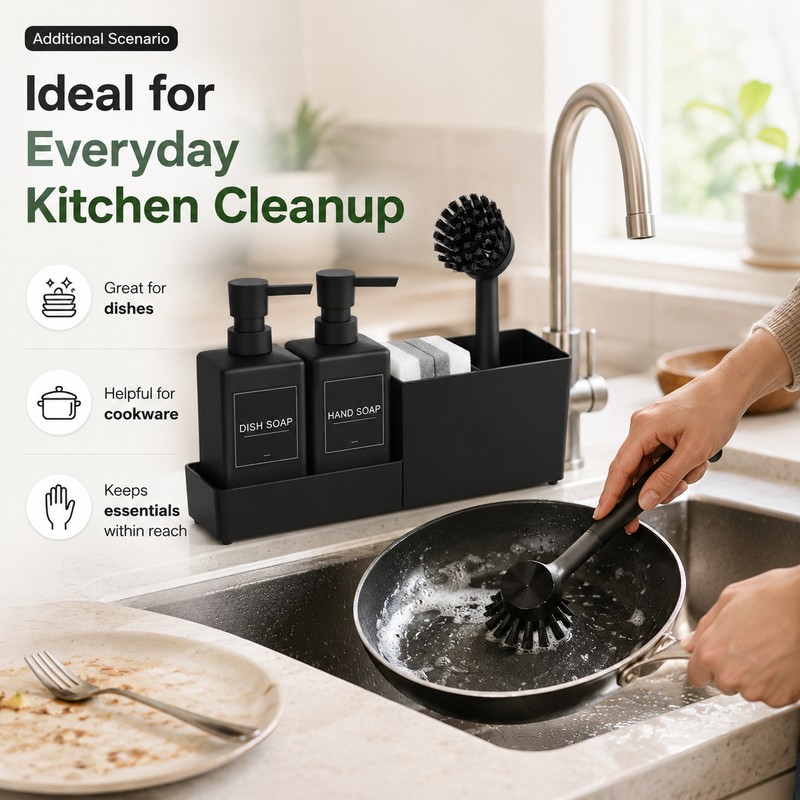 Kitchen Soap Dispenser Set for Sink Organization – 4-in-1 Black