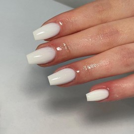 KQueenest Acrylic Press on Nails Short Medium Coffin, Milky White Solid Color Fake Nails Nails Press ons, Short Ballerina Glue on Nails With Glazed Finish, Simple Stick on Nails False Nails For Women